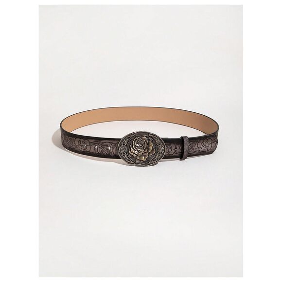 Women's Floral Embroidery Square Buckle Leather Belts Vintage Belt Gun Black😗 - Picture 2 of 3